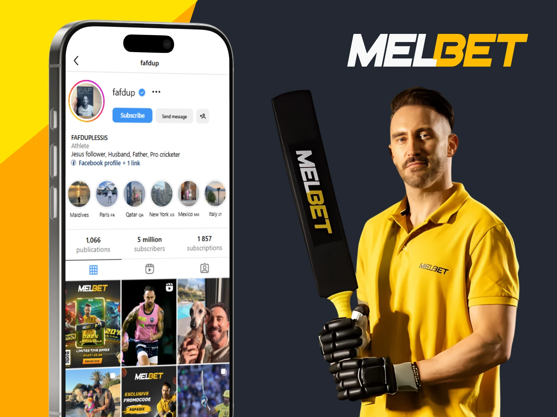 Explore social media profiles of Faf du Plessis through Melbet.