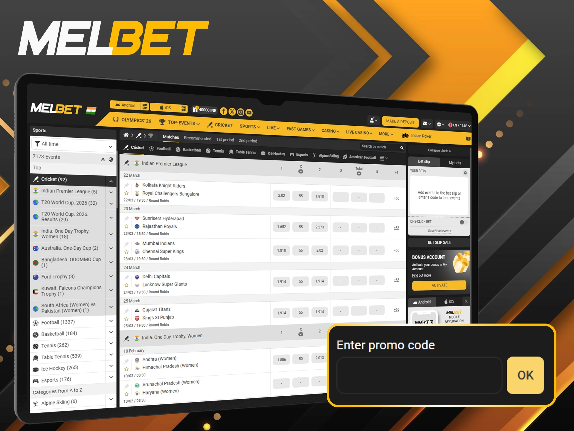 Activate the promo code to unlock exclusive Melbet cricket rewards.