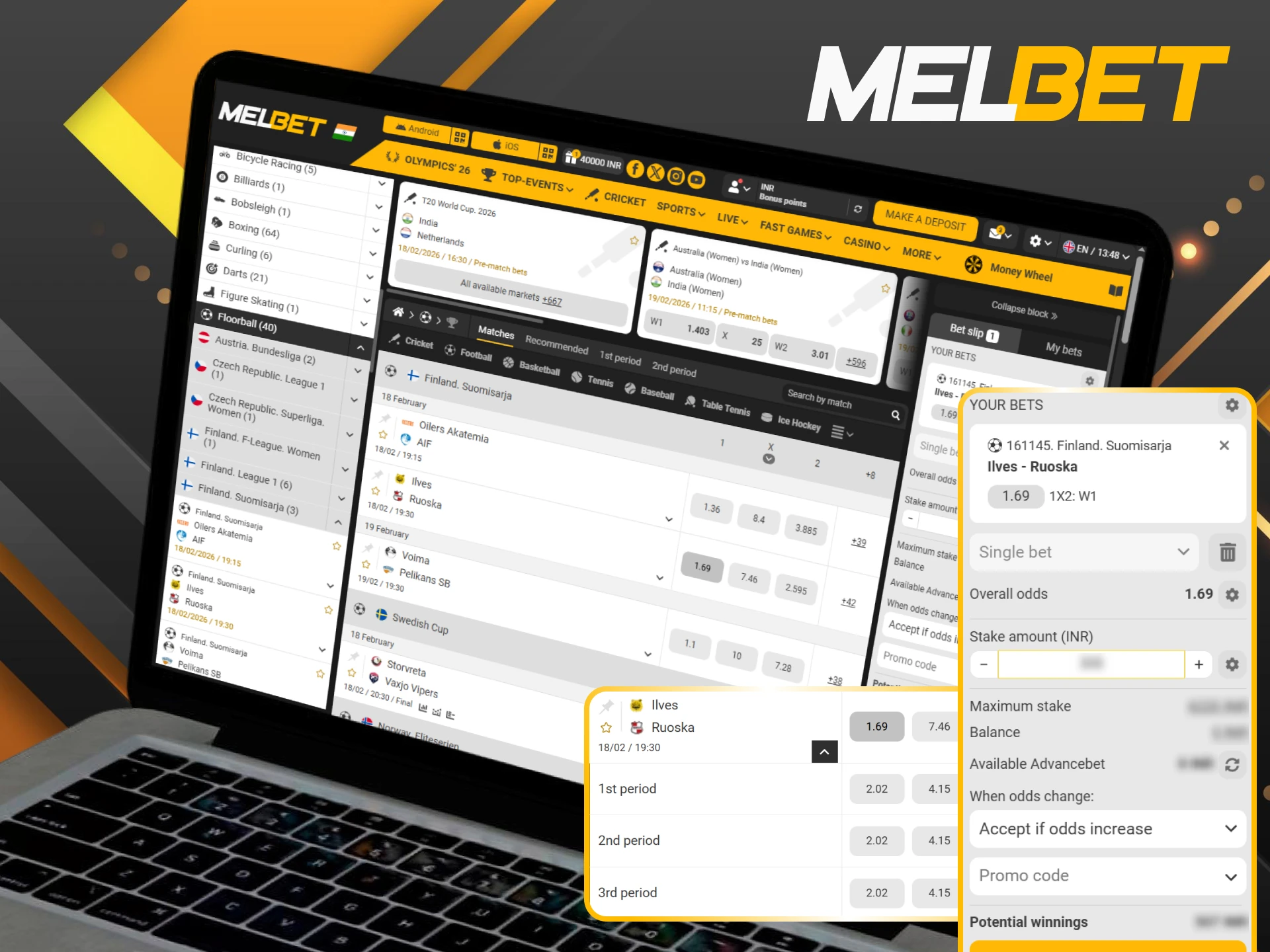 Follow the manual on how to bet on floorball matches at Melbet India.
