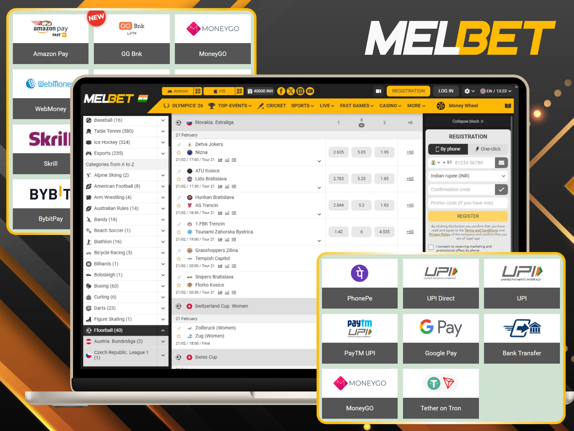 Choose secure Indian payment methods for your Melbet floorball account.