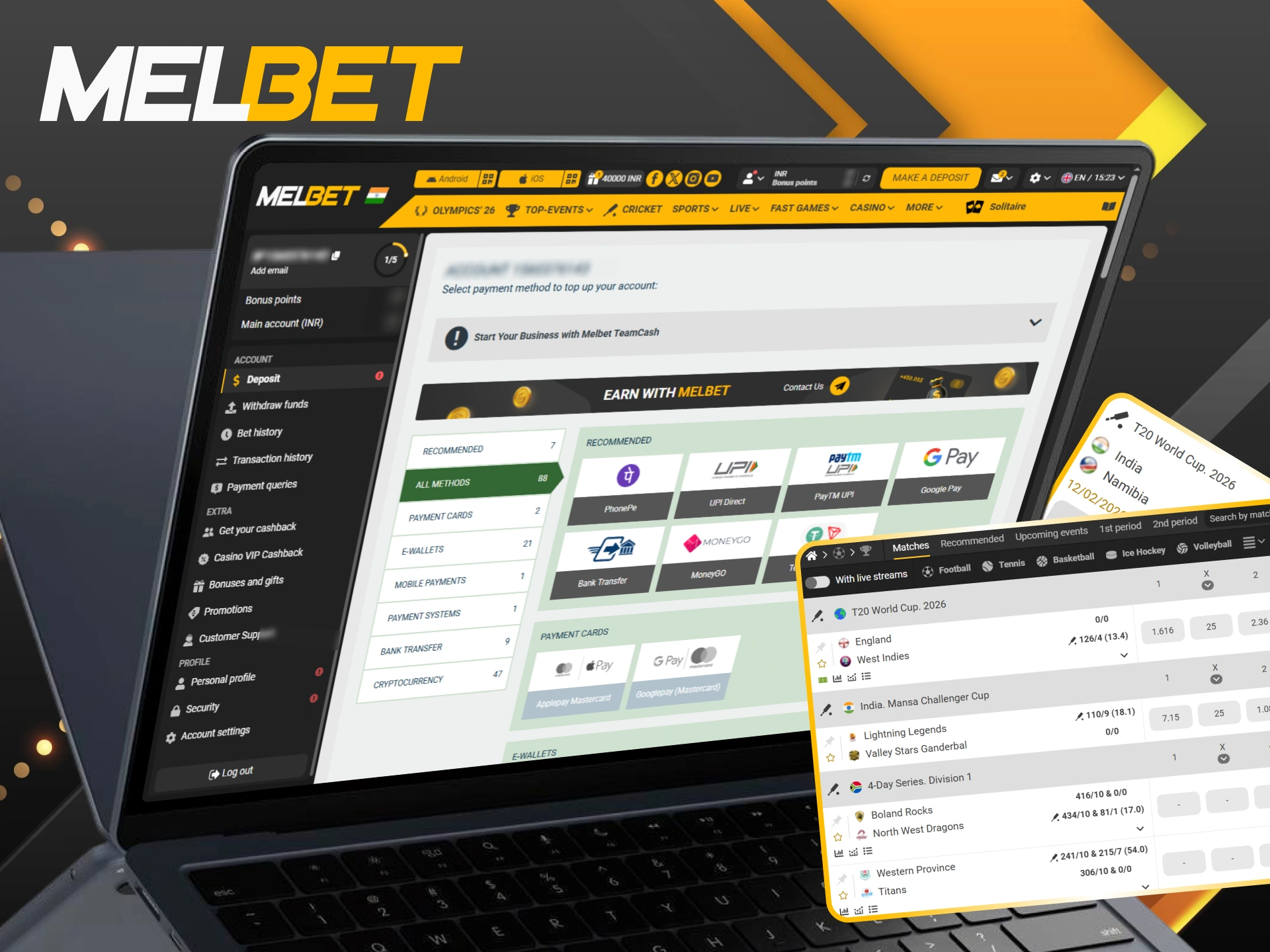Choose secure payment methods to fund your Melbet Sports betting account.