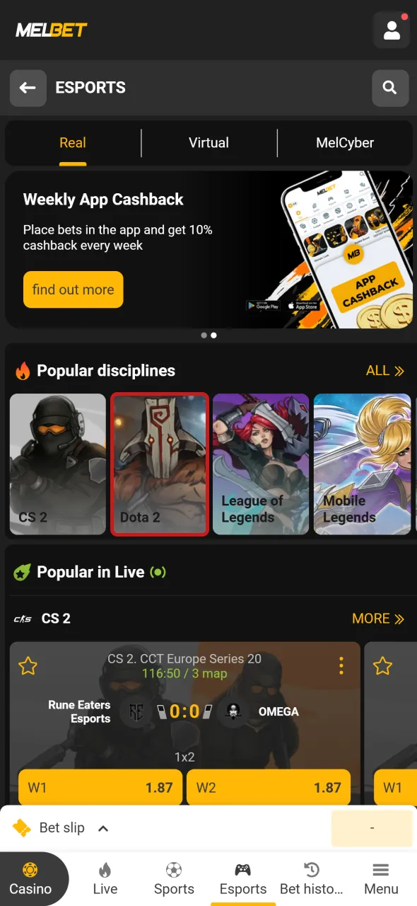 Navigate to Dota 2 section on Melbet and explore betting options.