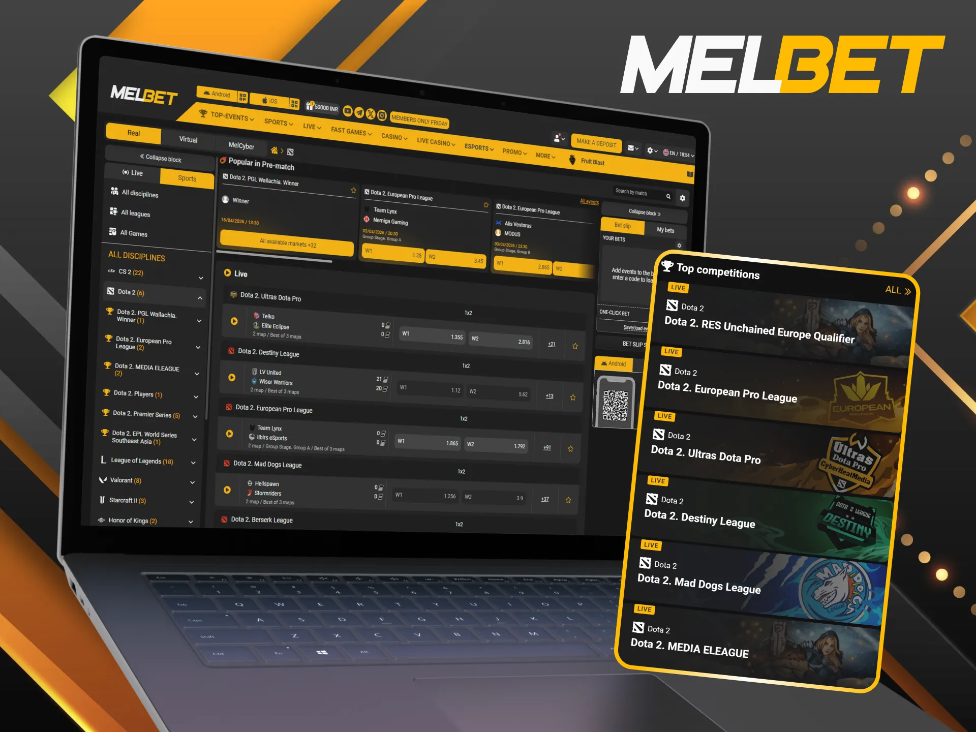 Bet on major Dota 2 tournaments at Melbet and follow top teams.