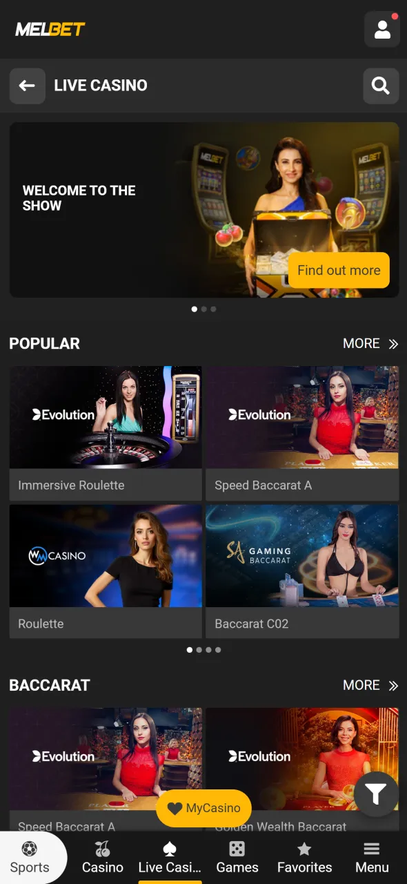 Open live casino section on Melbet and choose your game.
