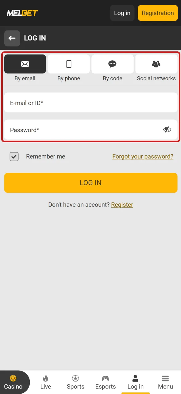 Enter your credentials on Melbet and log in securely.