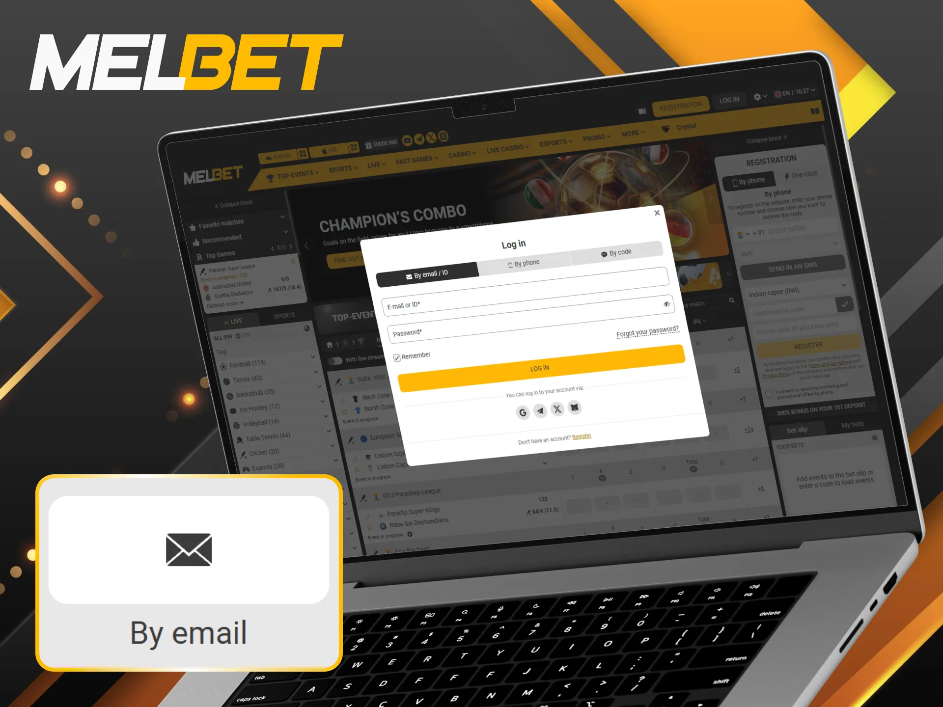 Use email and password to log in to Melbet account securely.