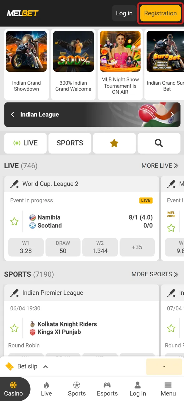 Click register button on Melbet and begin StarCraft II betting journey.
