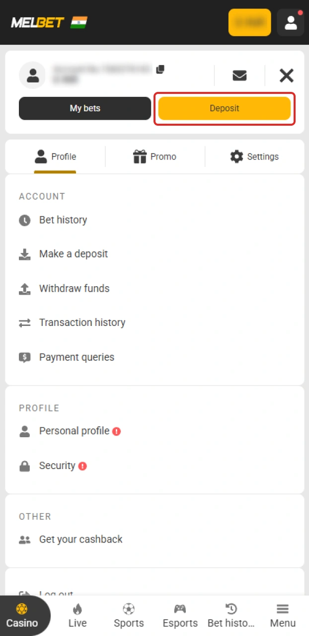Find the deposit button to fund your account for IPL on Melbet.