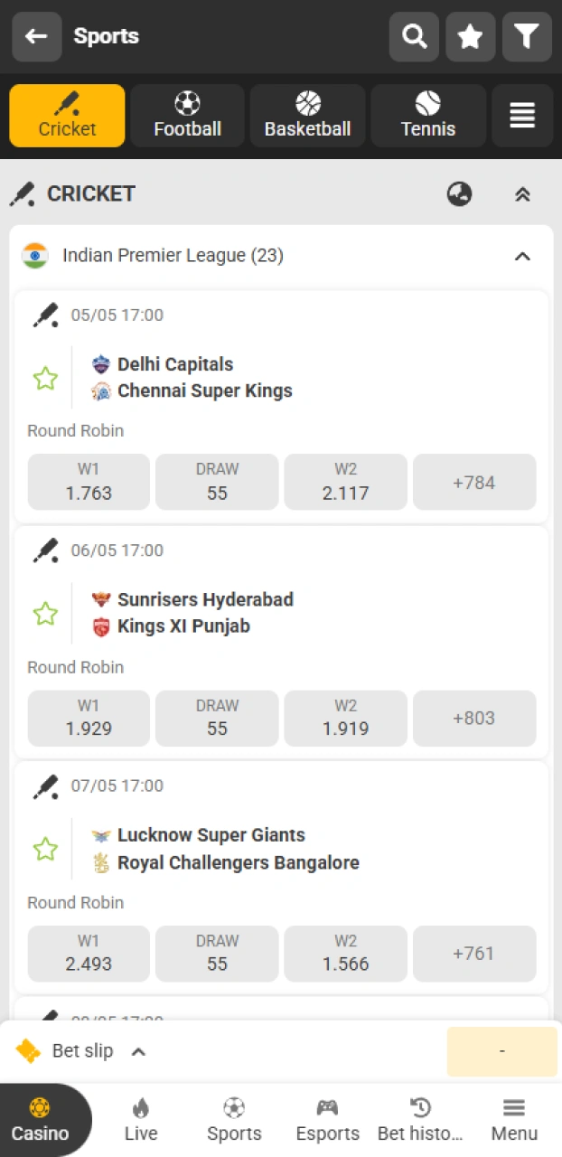 Find the sports section to browse all available IPL matches on Melbet.