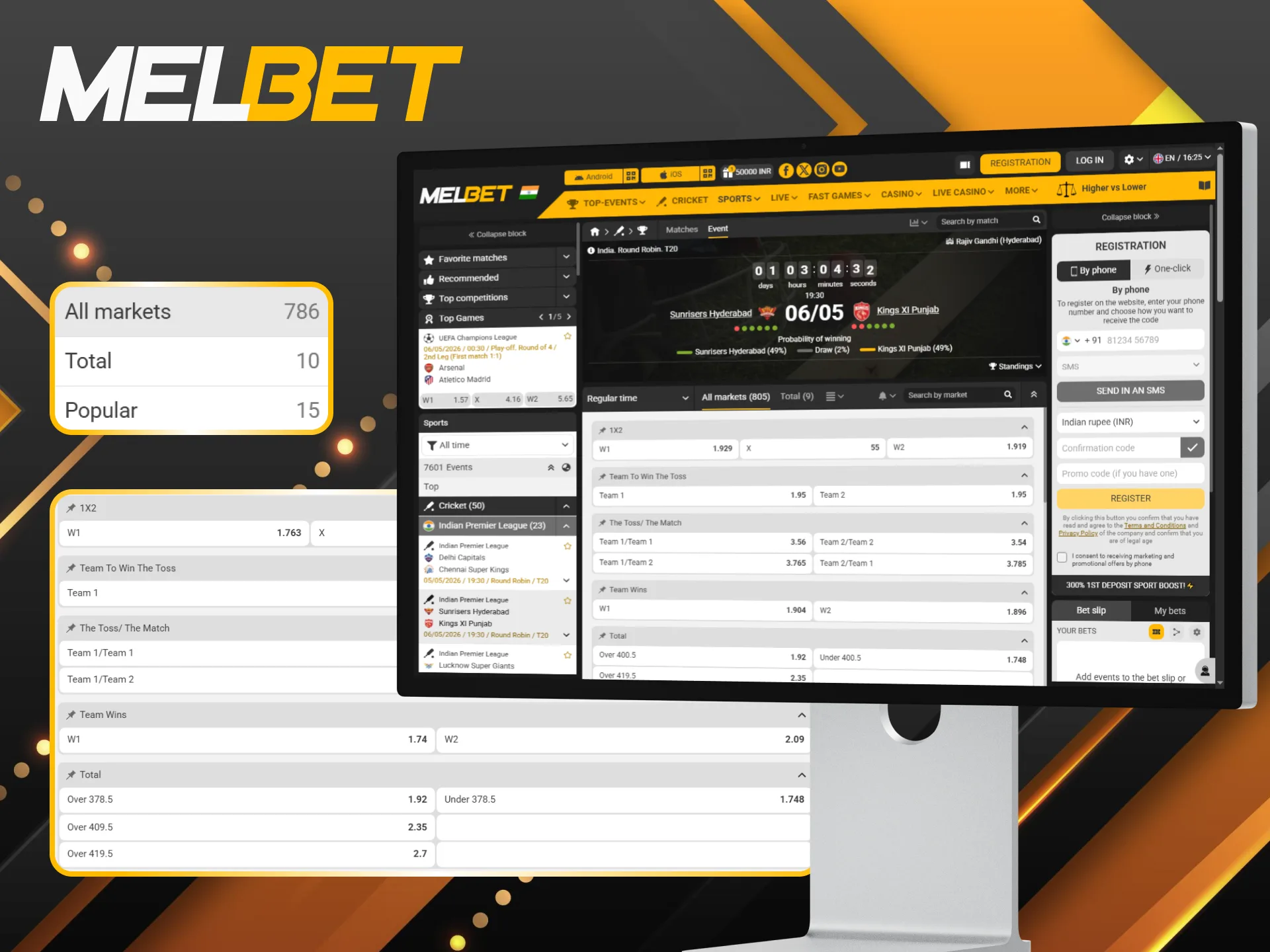 Discover diverse IPL betting markets available for every match on Melbet.
