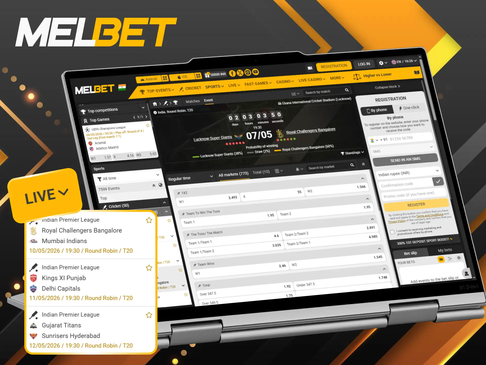 Watch live streaming and place real-time bets on IPL at Melbet.