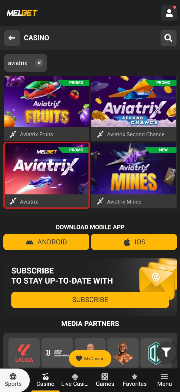 Open the interactive Aviatrix game interface on your smartphone using Melbet.