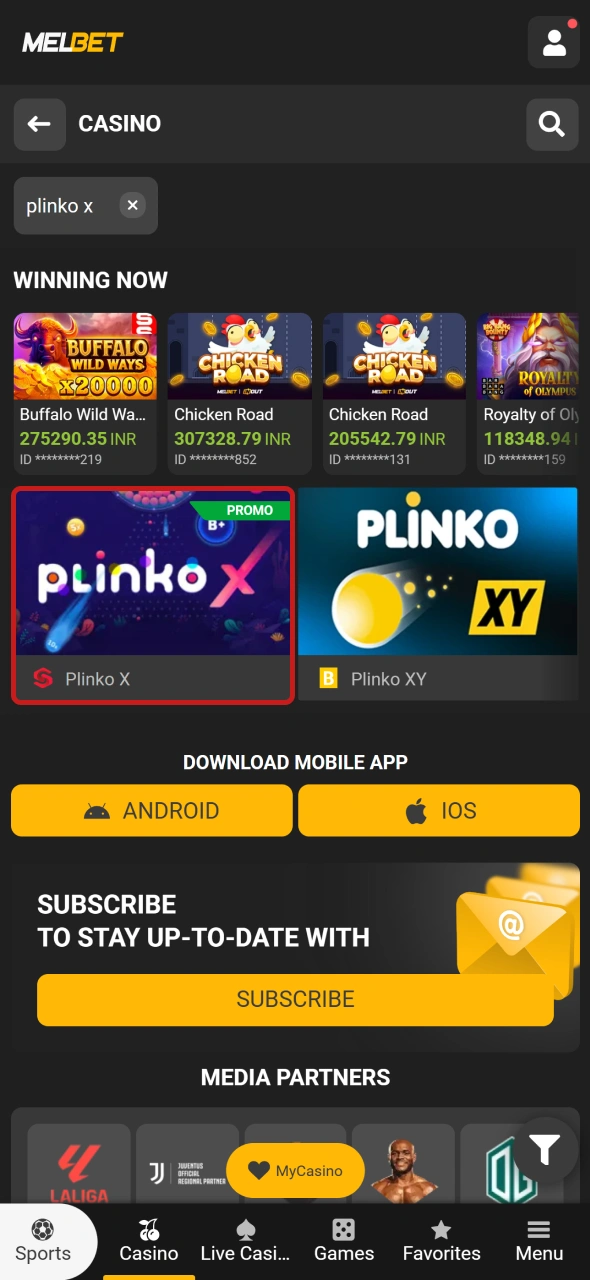 Find Plinko X in the Melbet casino lobby and launch the game.