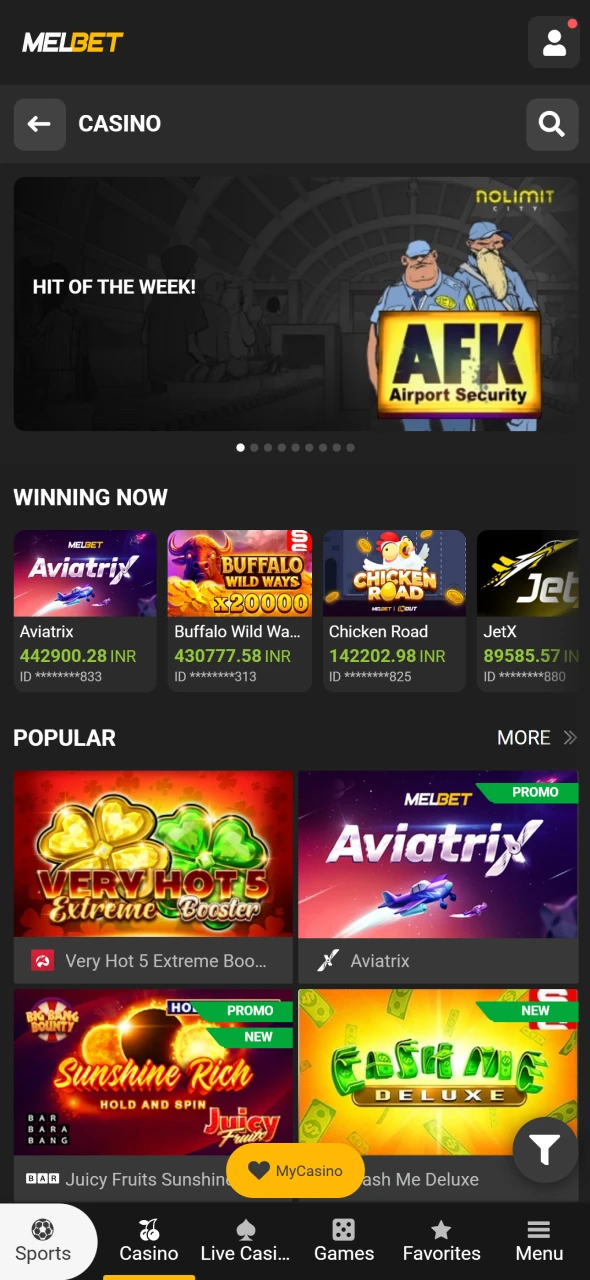 Open the Melbet casino and explore available Roulette options in India.